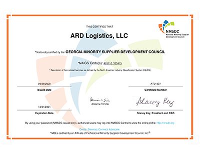 ARD Logistics NMSDC Certification