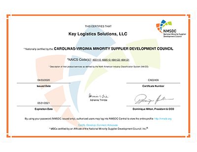 Key Logistics NMSDC Certification
